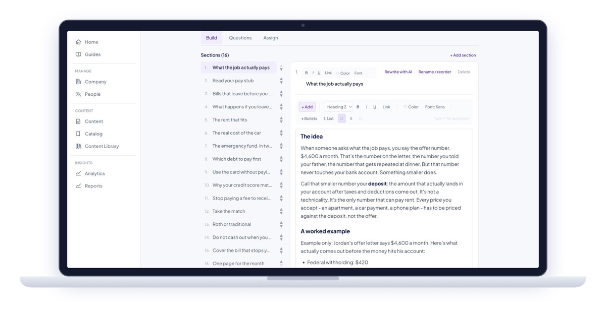 The course builder: sixteen Money Smart sections listed on the left, with the first section open in the editor.