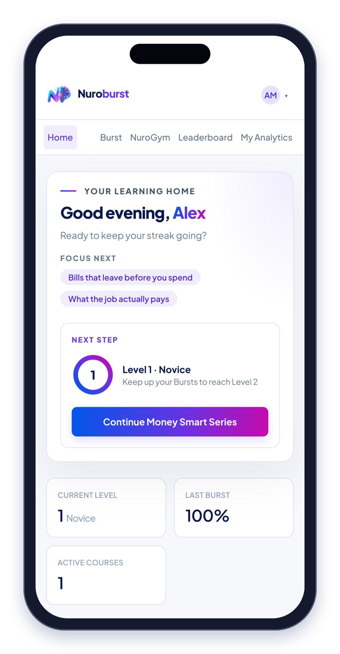 The same learner home on an iPhone: all five tabs, the level ring, and the next step to continue the Money Smart Series.